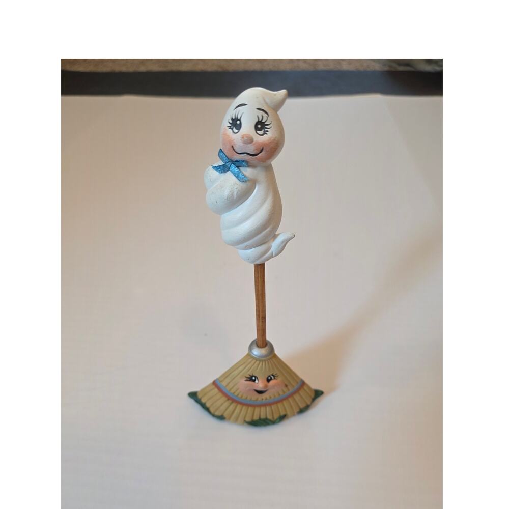 Vintage 2-Pc. Anthropomorphic Hand Painted Ceramic Halloween Broom & Ghost